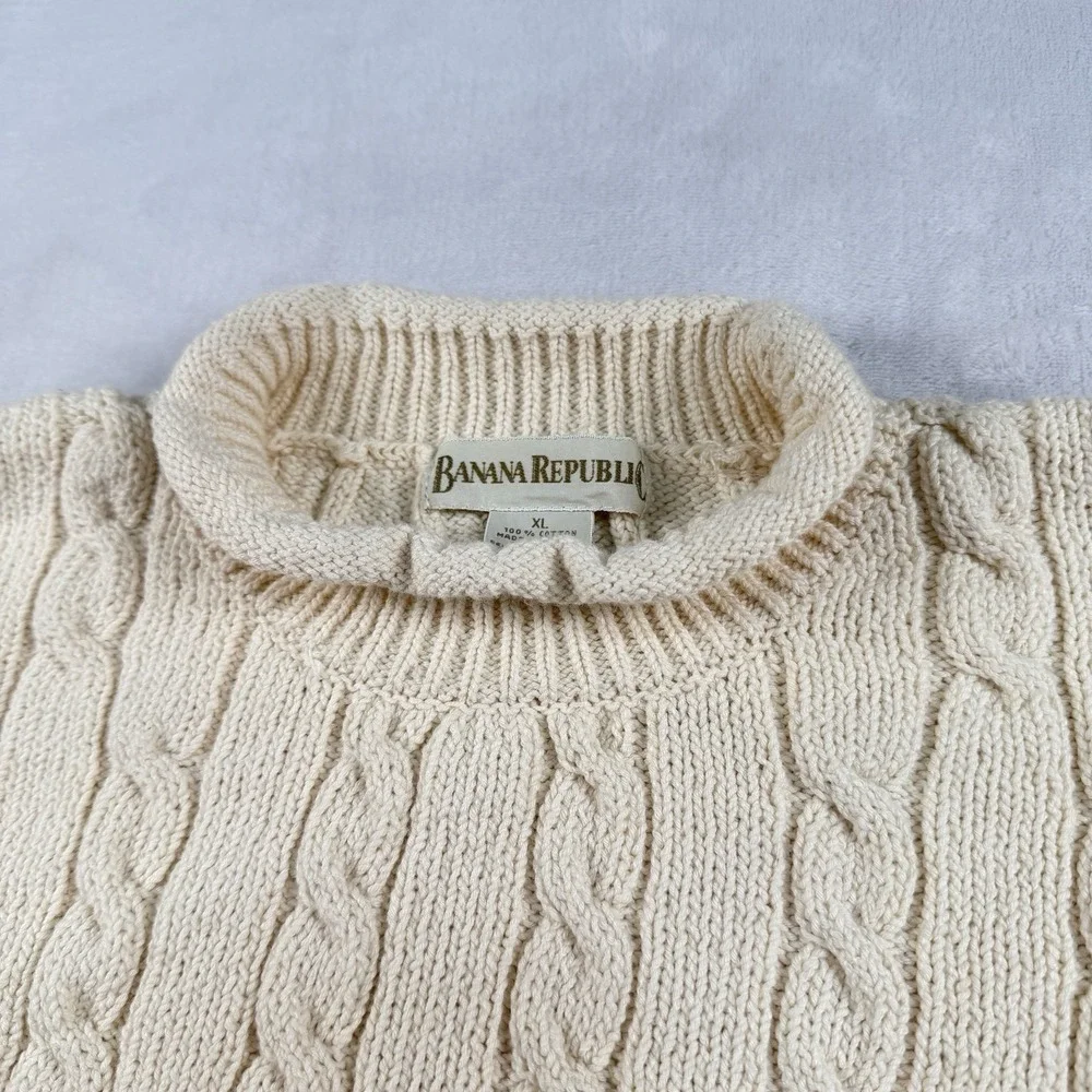Vtg Banana Republic Roll Neck Sweater Mens XL Cable Knit Heavy Chunky Fisherman